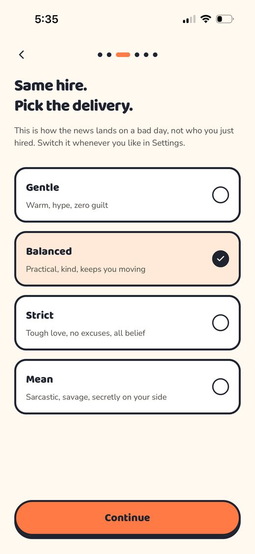 Micro onboarding screen offering Gentle, Balanced, Strict and Mean reminder tones